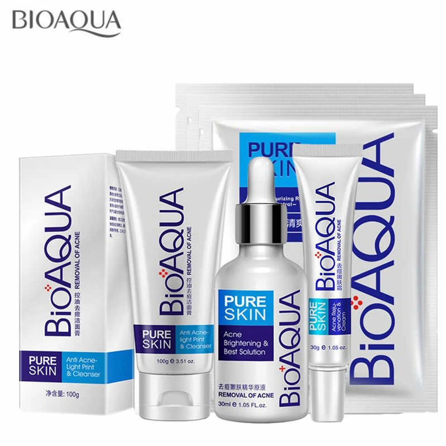 Pack Bioaqua Pure Skin Anti Acné – Limpieza, Sérum y Gel Local | Control de Grasa, Anti Imperfecciones y Regeneración